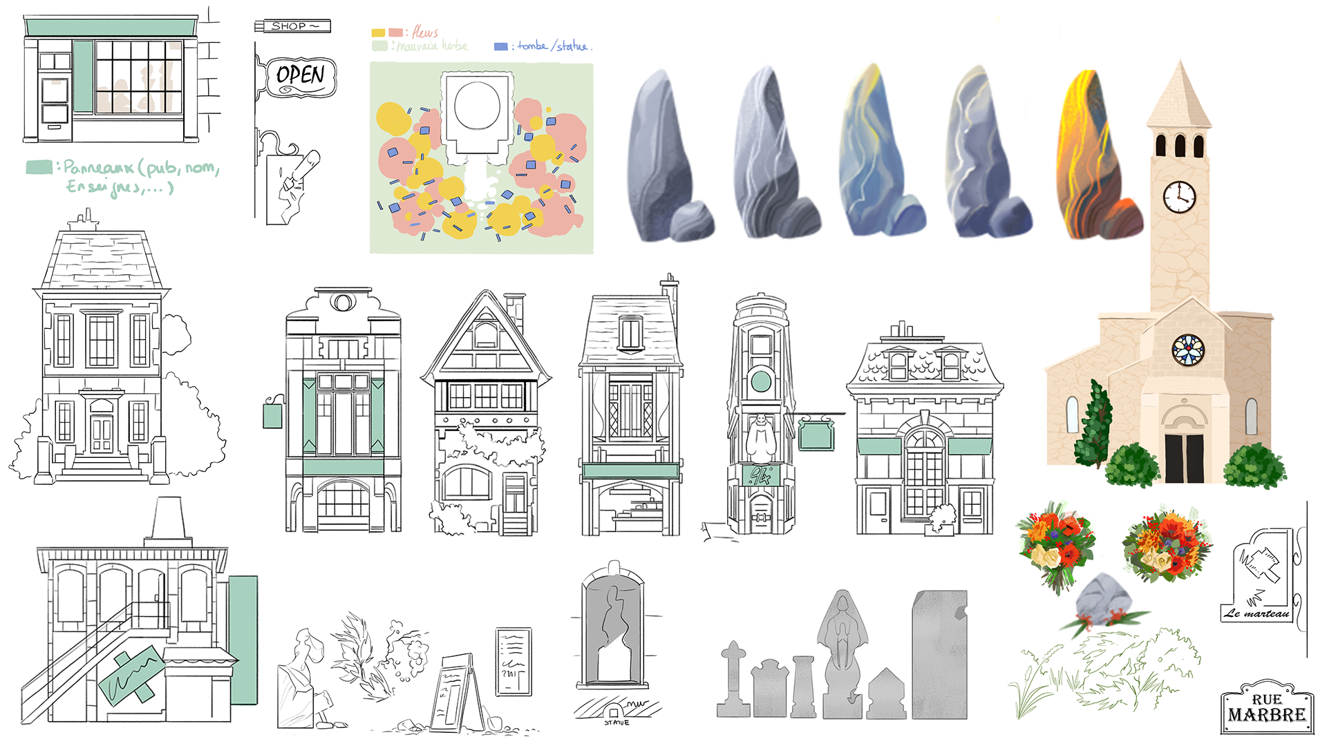 Concept art page of the backgrounds elements of the film. On the left are building facades of the 19th century, as well as signs and elements to be found in the street. On the top are rocks and a map of the temps. On the left is a front view of the church.