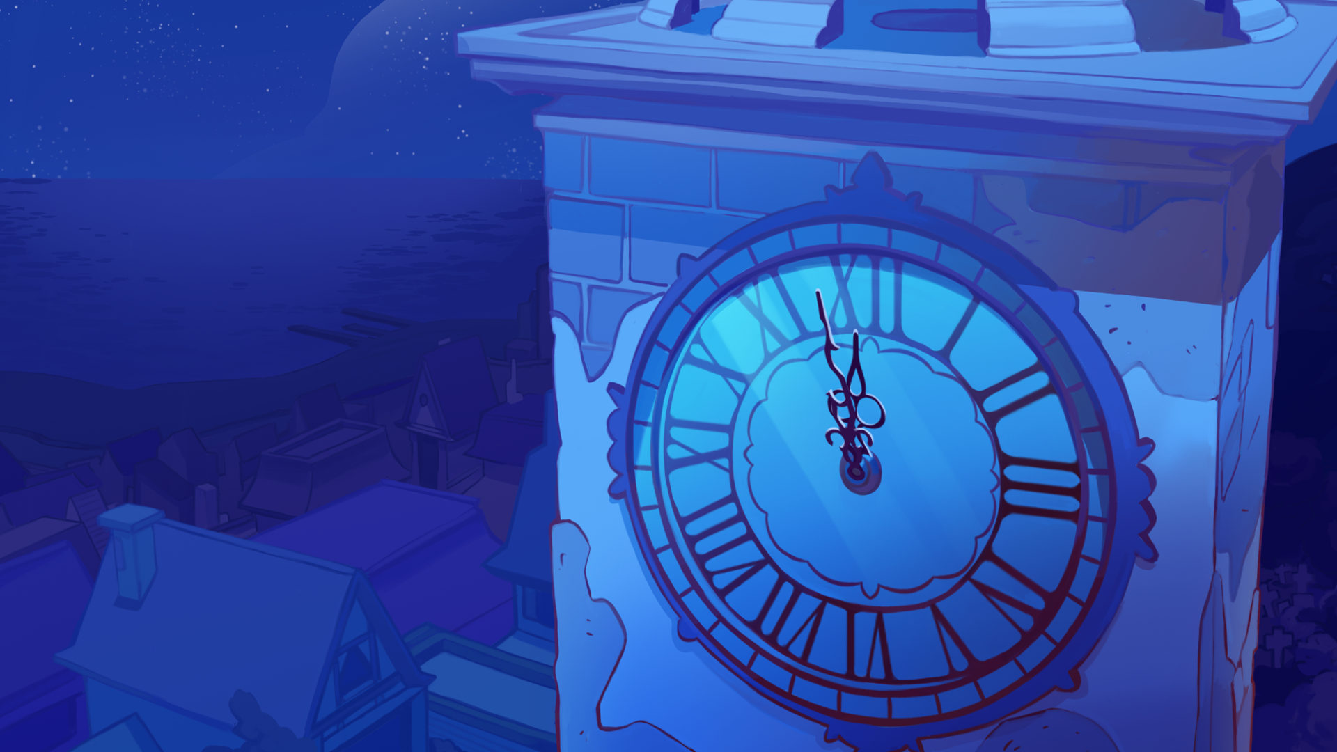 Background of the clock at night, 3 minutes before midnight. In the background, roofs and the sea are visible.
