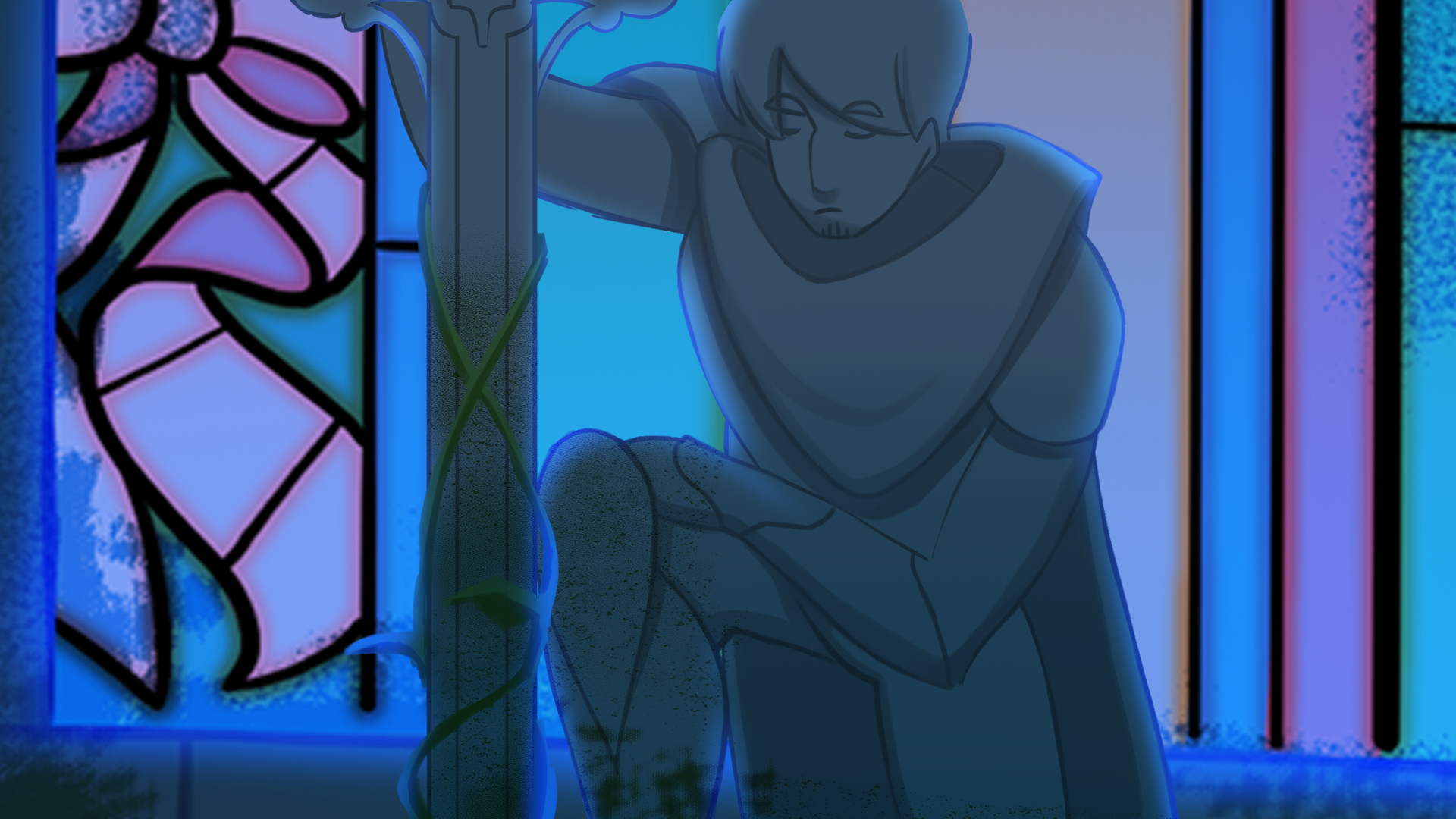 Background of the knight in the temple. He is a statue. Behind him, stained glass in shades of blue and pink is visible.