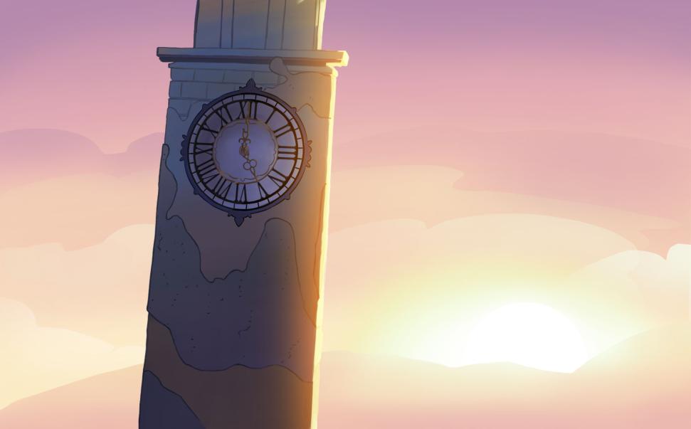 Background of the clock tower as the sun is rising, at 5 in the morning.
