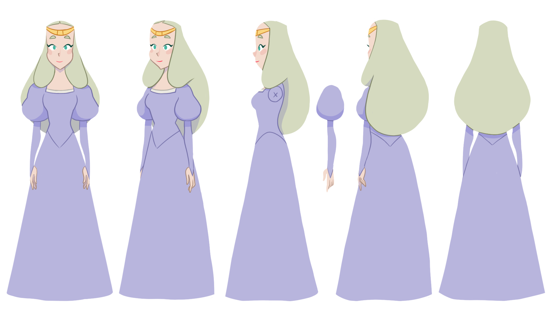 Turnaround of the character of Daphné, a medieval princess. She had waist long blond hair, a long lavender dress, and fair skin. She is wearing a golden crown.