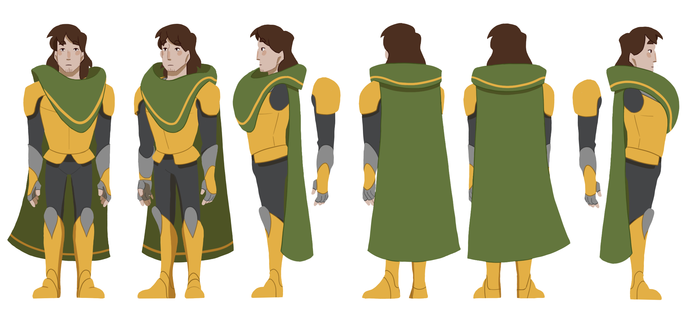 Turnaround of the character of Elias, a medieval knight. He hair fair skin, shoulder length brown hair, and a gold and grey armor. He also wears a green cape.