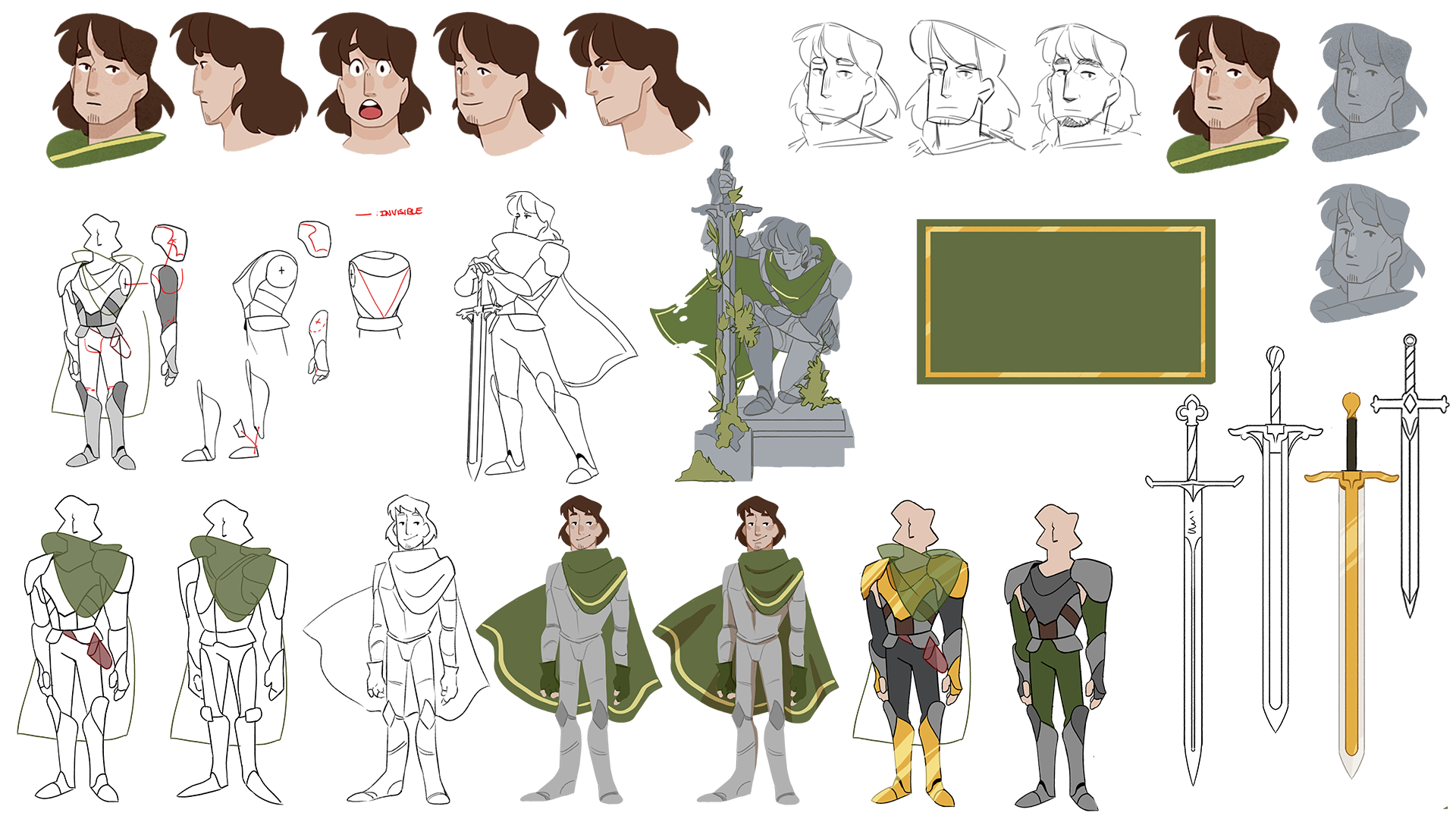 Concept art page of the character of Elias, a medieval knight. On the top is a turnaround of the character’s head, as well as different version of the face. On the left are versions of the armor and details of the sections, as well as color tests. On the right are swords, a statue version of the character, and details of the cape.