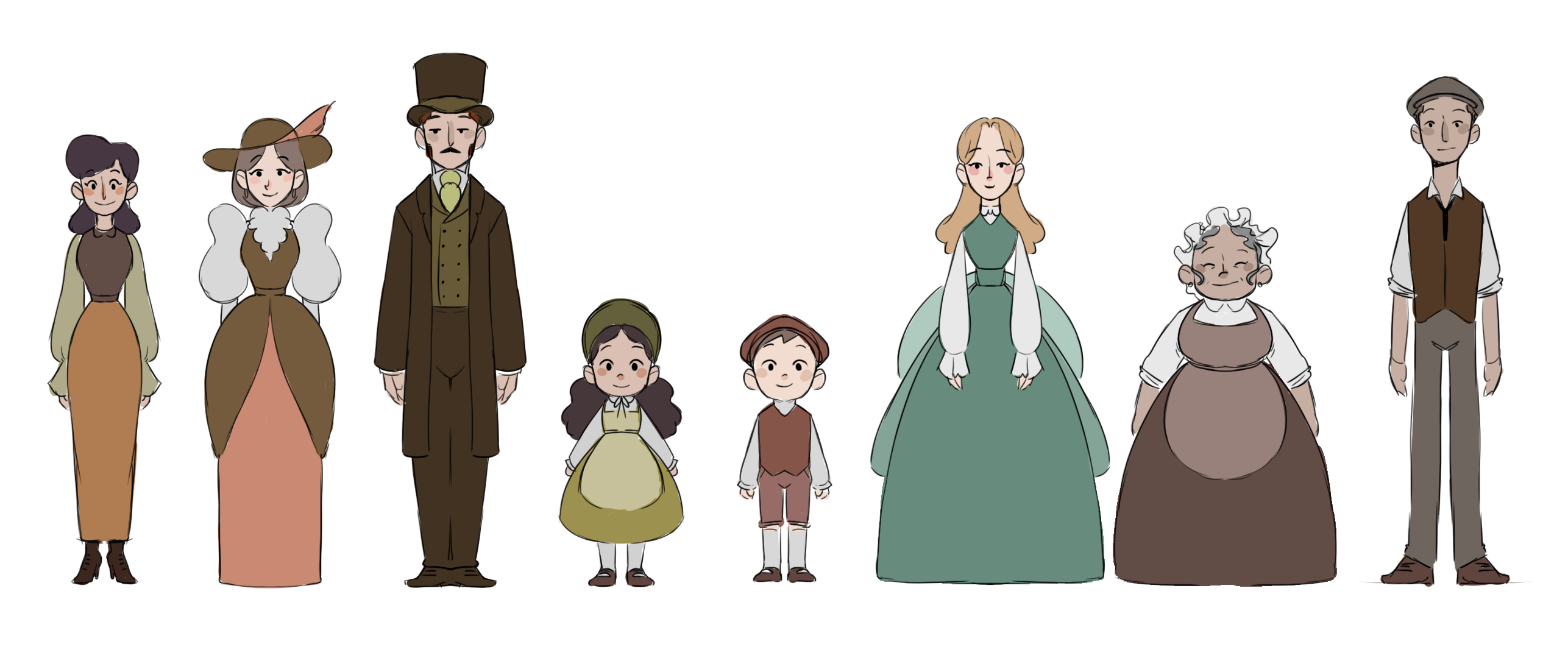 Lineup of the background characters of the film. In order from left to right: a woman with an orange skirt and brown hair and shirt; a woman with a fancy brown and pink dress and a hat; a tall man with a brown suit and hat; a little girl with a green dress and hat; a boy with a red vest and hat; a woman with a big blue dress and blond hair; an old woman with a brown dress and apron; a tall man with a brown vest and gray pants and hat.